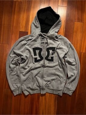 DC Men's Gray Zip-Up Hoodie with Black Logo